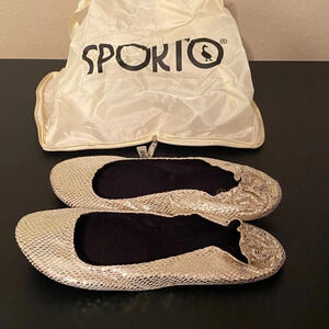 SPORTO Gold Foldable Ballet Flats Sz 9-10.5 Large with Gold Carry Bag
